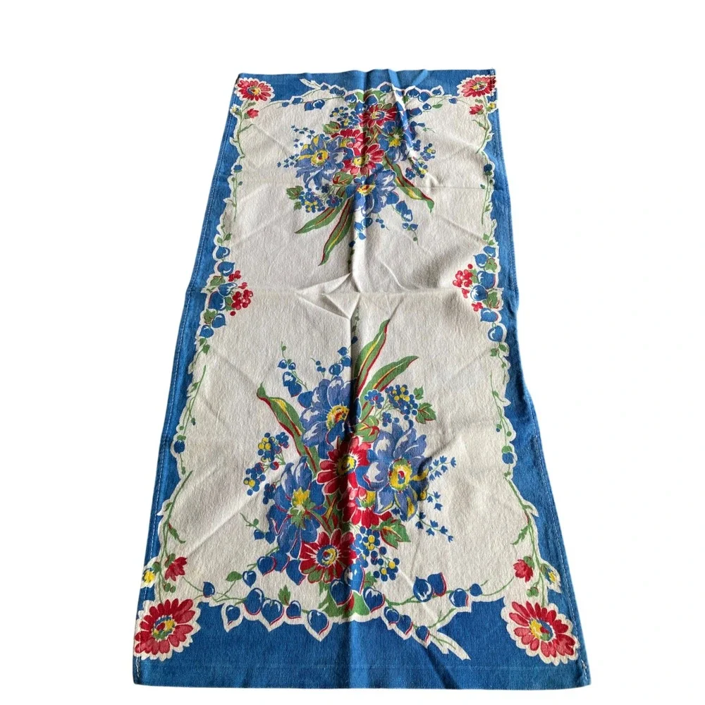 Vintage Floral Cotton Tea Towel Blue Red White Mid Century Retro Kitchen Linen